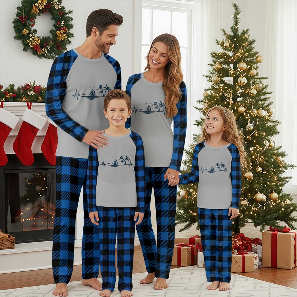 Summer Vacation Heartbeat Pulse Sunset Silhouette Plaid Pajama Set Tropical Island Lover