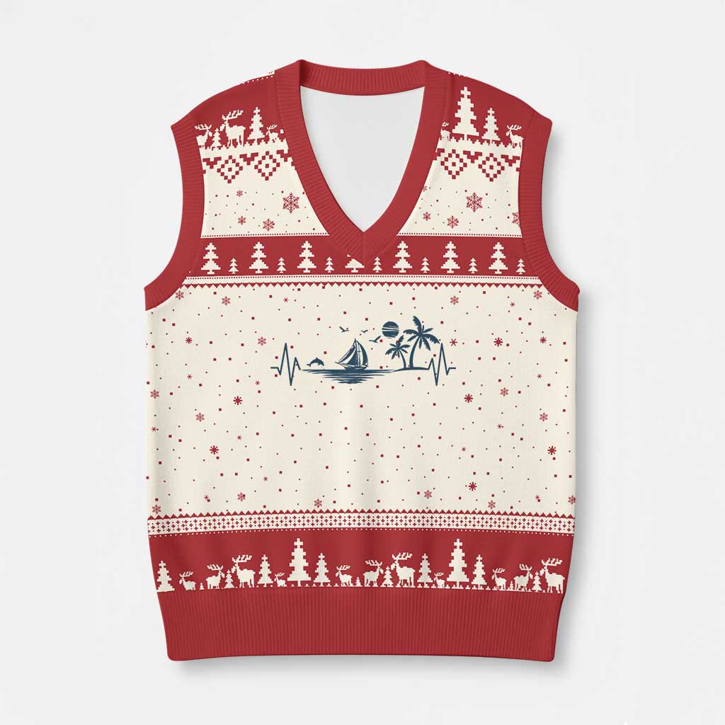 Summer Vacation Heartbeat Pulse Sunset Silhouette V-Neck Knit Sweater Vest Tropical Island Lover