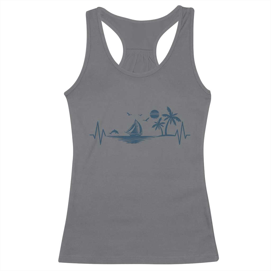 Summer Vacation Heartbeat Pulse Sunset Silhouette Racerback Tank Top Tropical Island Lover