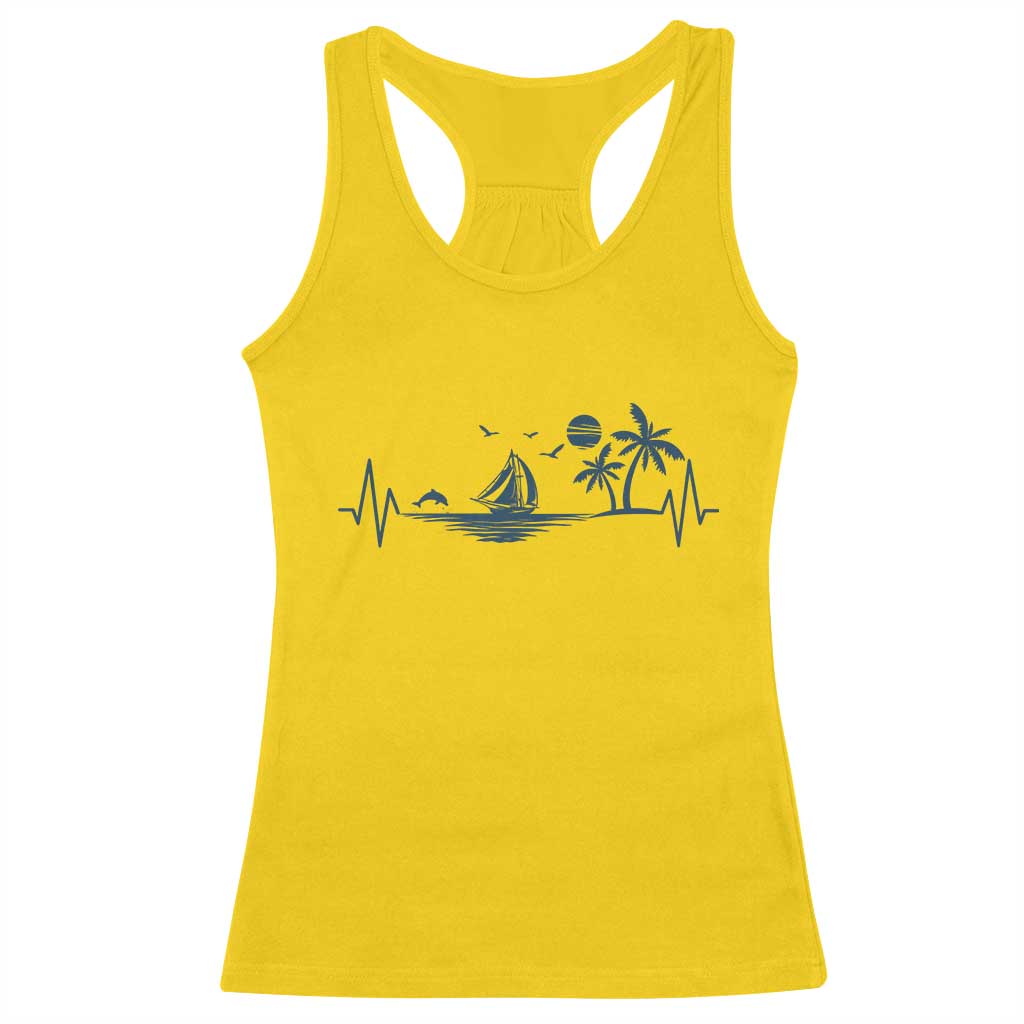 Summer Vacation Heartbeat Pulse Sunset Silhouette Racerback Tank Top Tropical Island Lover