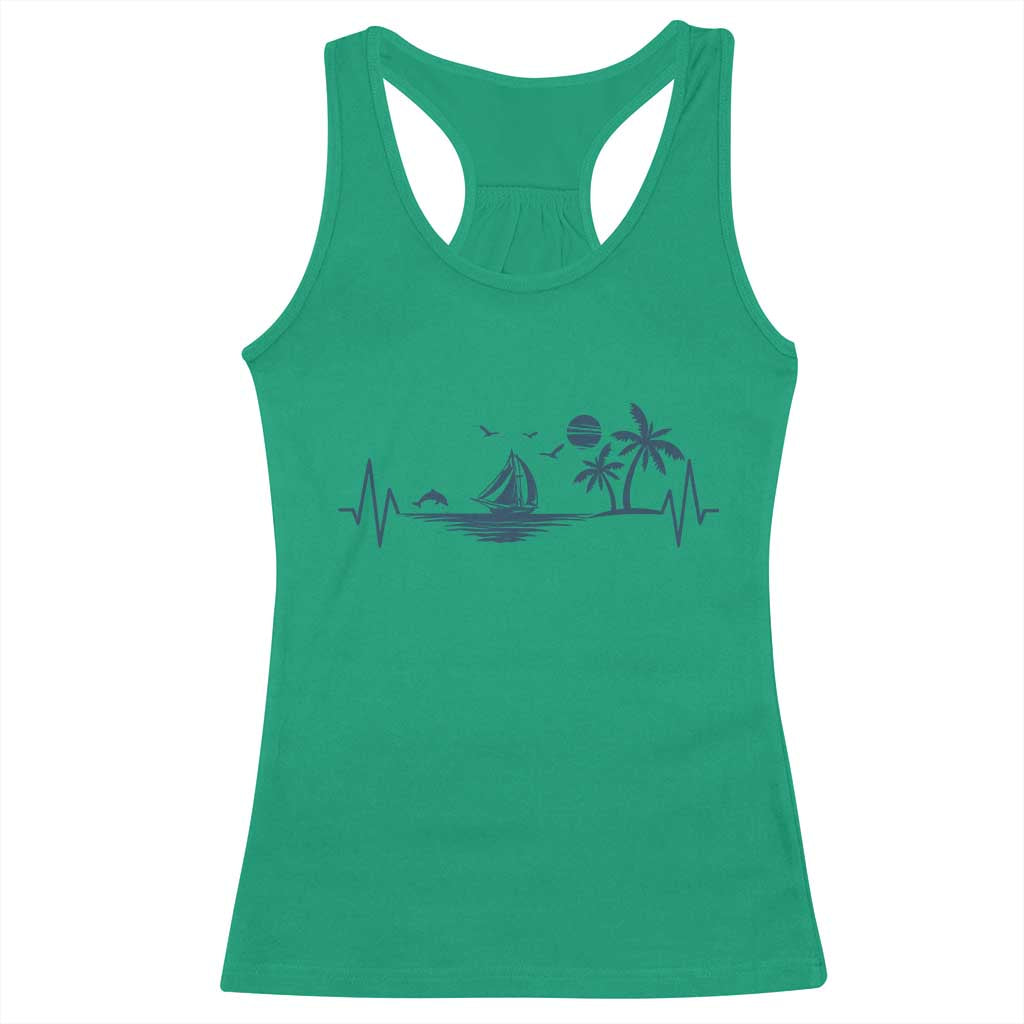Summer Vacation Heartbeat Pulse Sunset Silhouette Racerback Tank Top Tropical Island Lover
