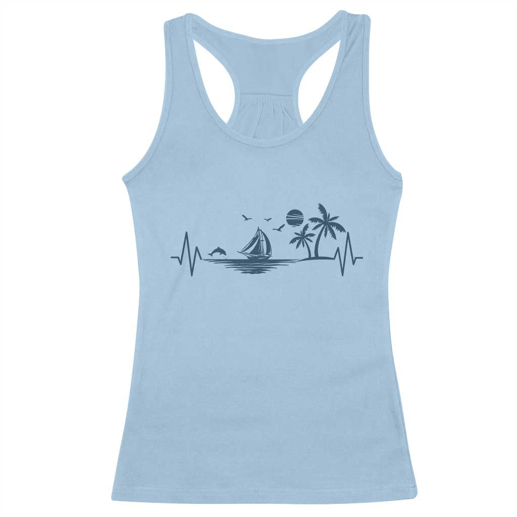 Summer Vacation Heartbeat Pulse Sunset Silhouette Racerback Tank Top Tropical Island Lover