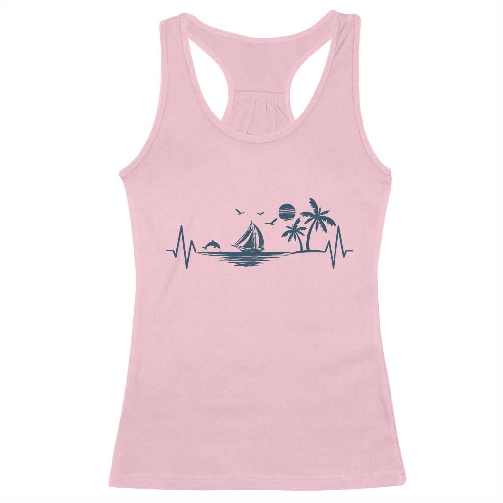 Summer Vacation Heartbeat Pulse Sunset Silhouette Racerback Tank Top Tropical Island Lover