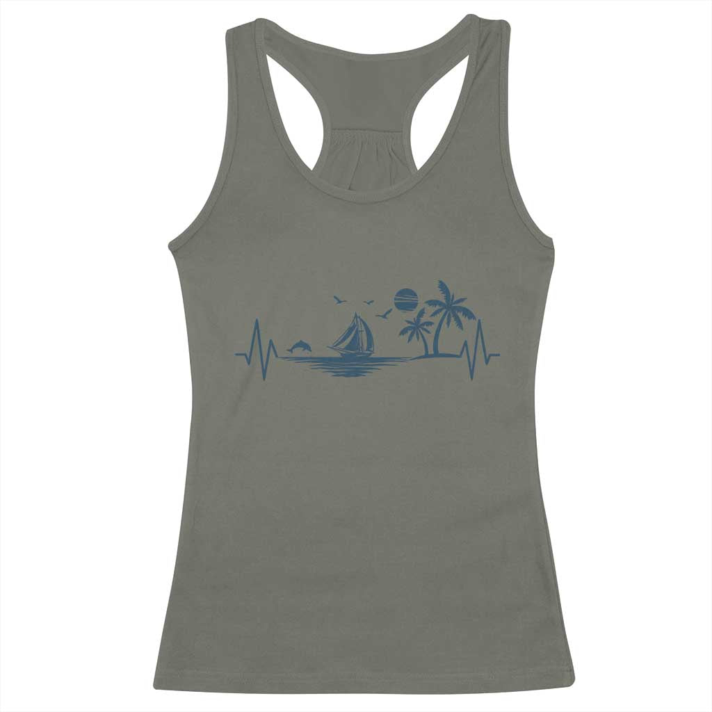 Summer Vacation Heartbeat Pulse Sunset Silhouette Racerback Tank Top Tropical Island Lover