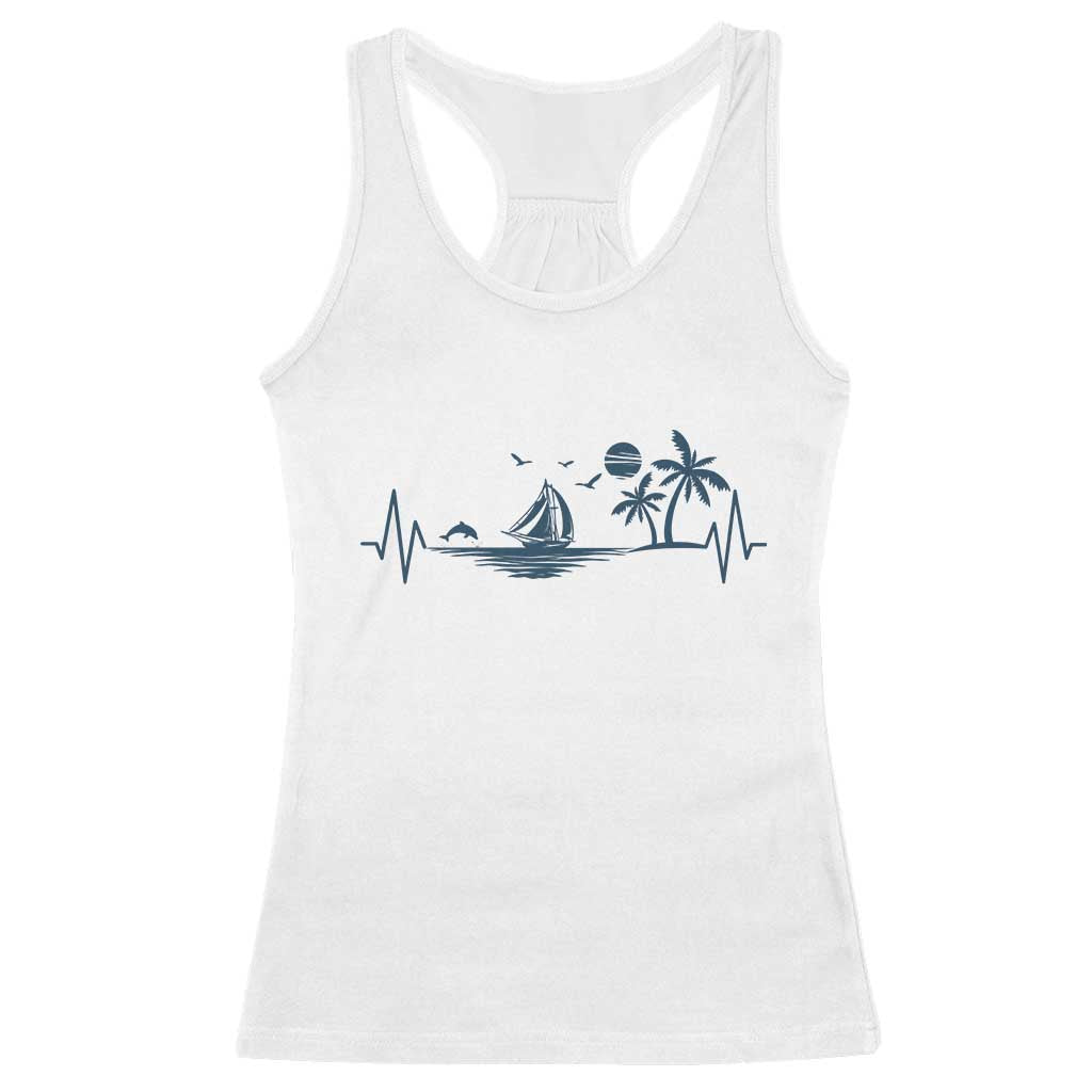Summer Vacation Heartbeat Pulse Sunset Silhouette Racerback Tank Top Tropical Island Lover