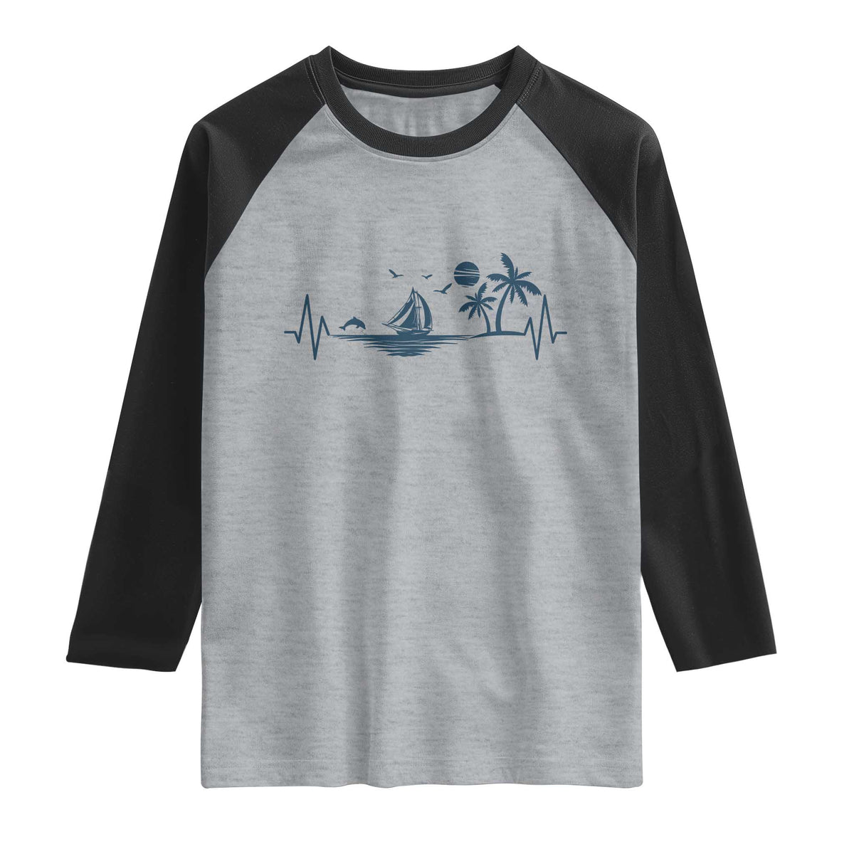 Summer Vacation Heartbeat Pulse Sunset Silhouette Raglan Shirt Tropical Island Lover