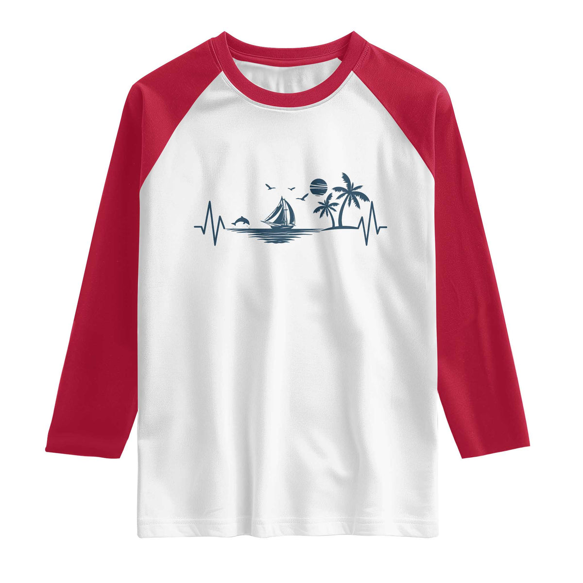 Summer Vacation Heartbeat Pulse Sunset Silhouette Raglan Shirt Tropical Island Lover