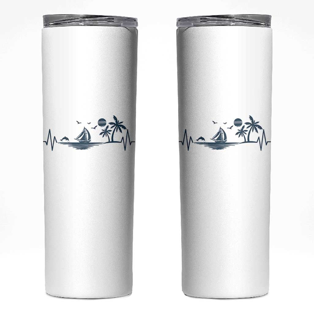 Summer Vacation Heartbeat Pulse Sunset Silhouette Skinny Tumbler Tropical Island Lover