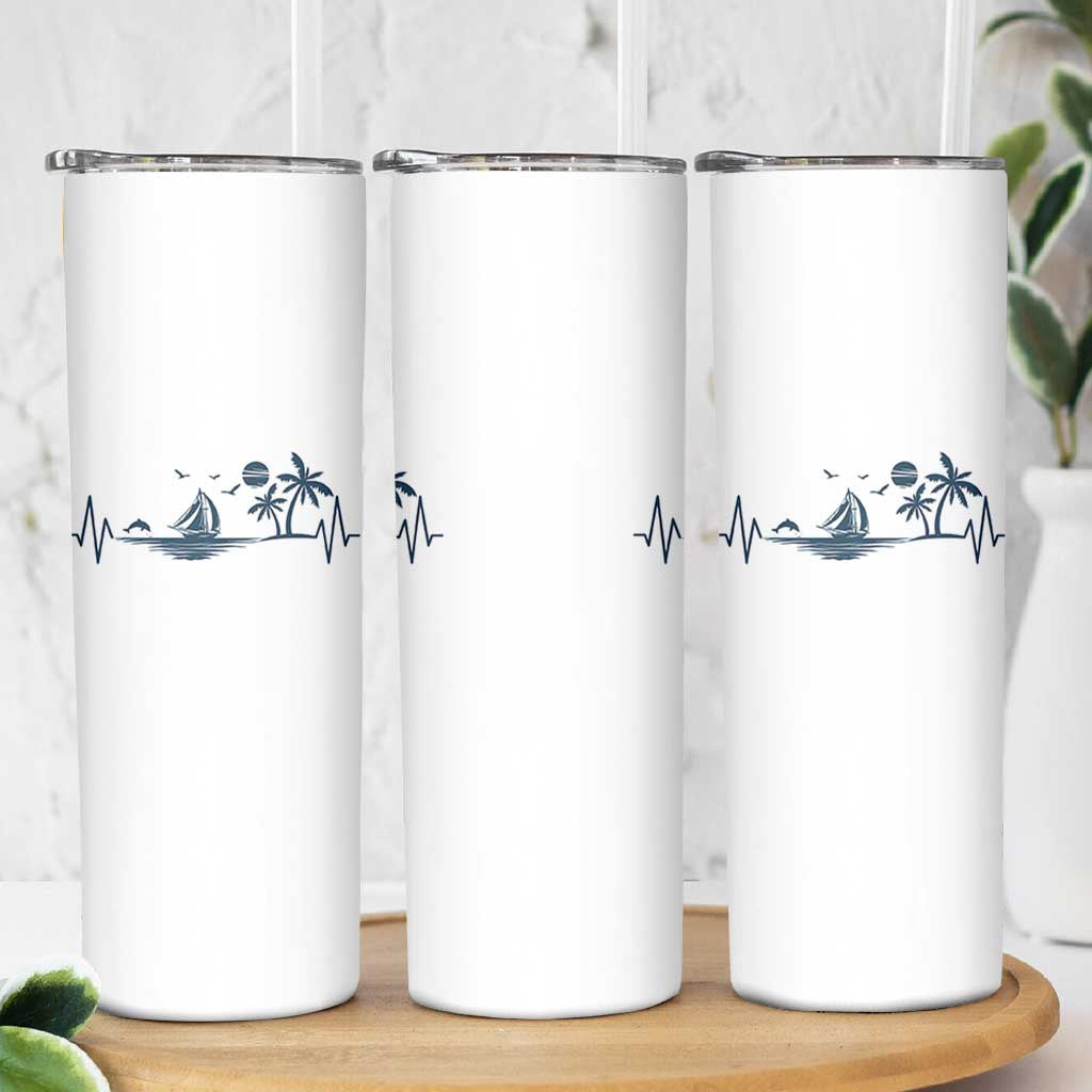Summer Vacation Heartbeat Pulse Sunset Silhouette Skinny Tumbler Tropical Island Lover