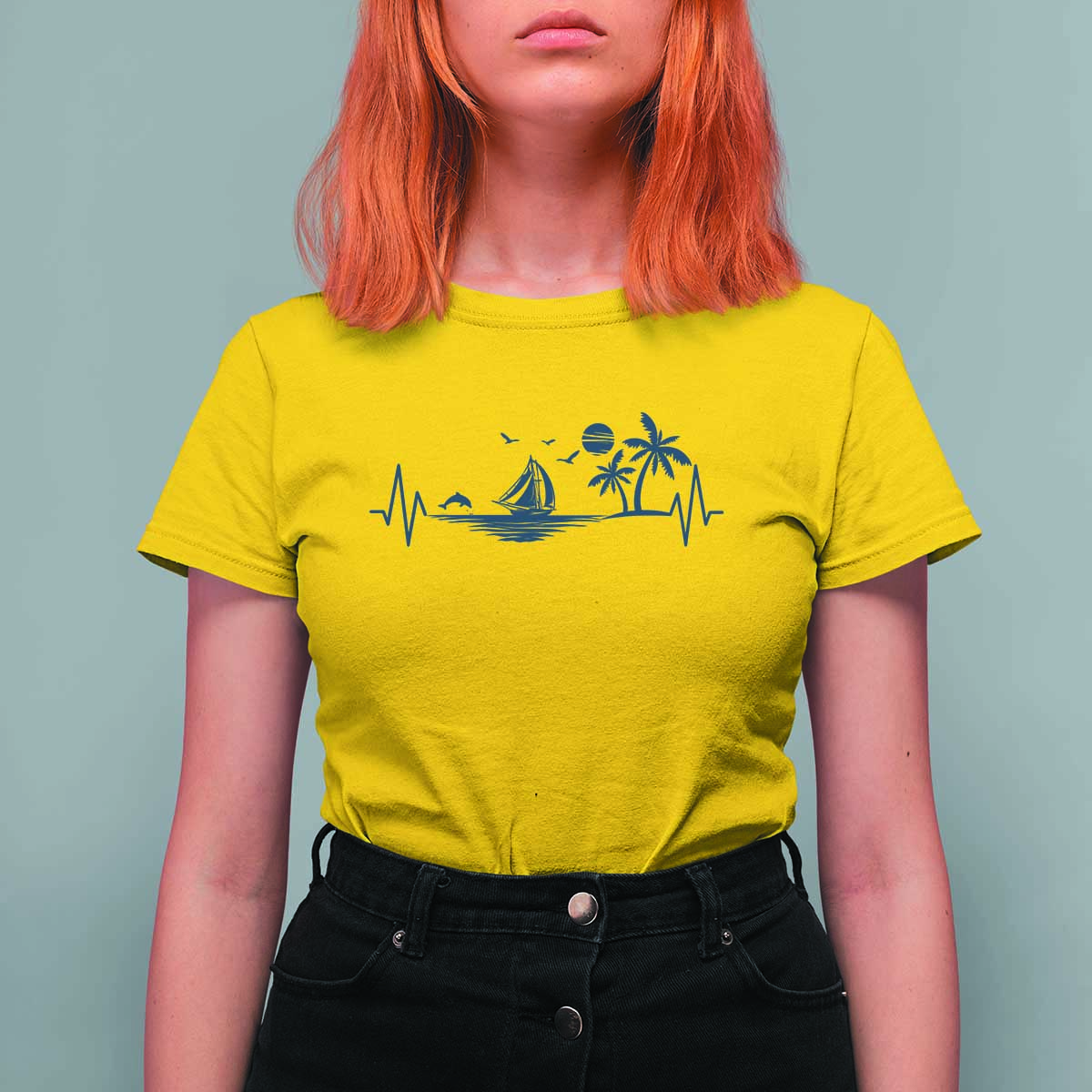 Summer Vacation Heartbeat Pulse Sunset Silhouette T Shirt For Women Tropical Island Lover