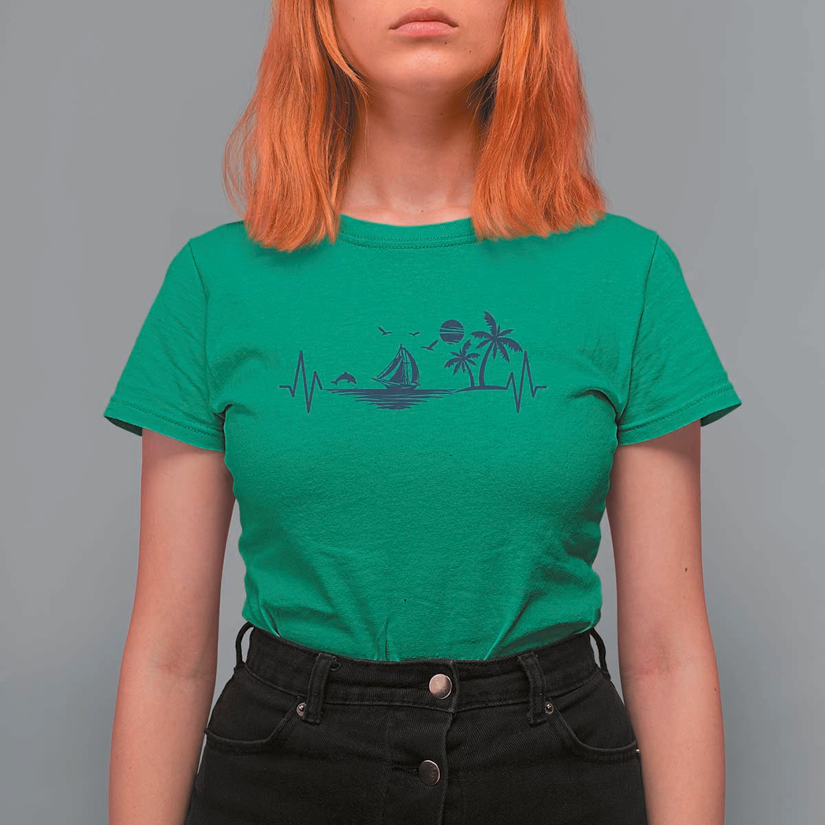 Summer Vacation Heartbeat Pulse Sunset Silhouette T Shirt For Women Tropical Island Lover