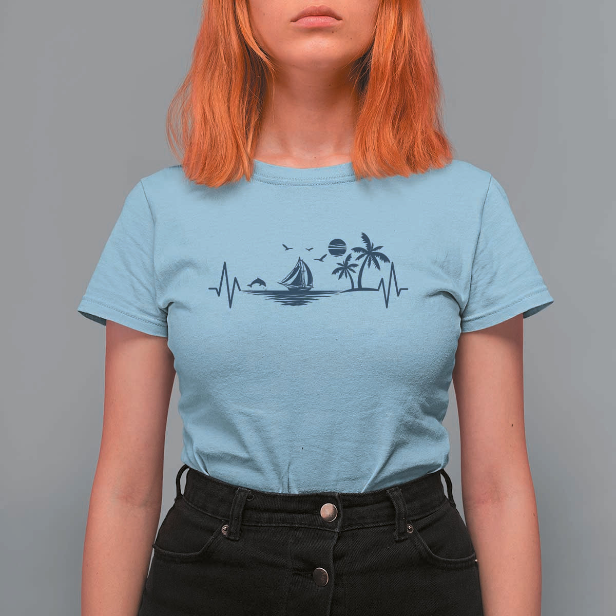 Summer Vacation Heartbeat Pulse Sunset Silhouette T Shirt For Women Tropical Island Lover