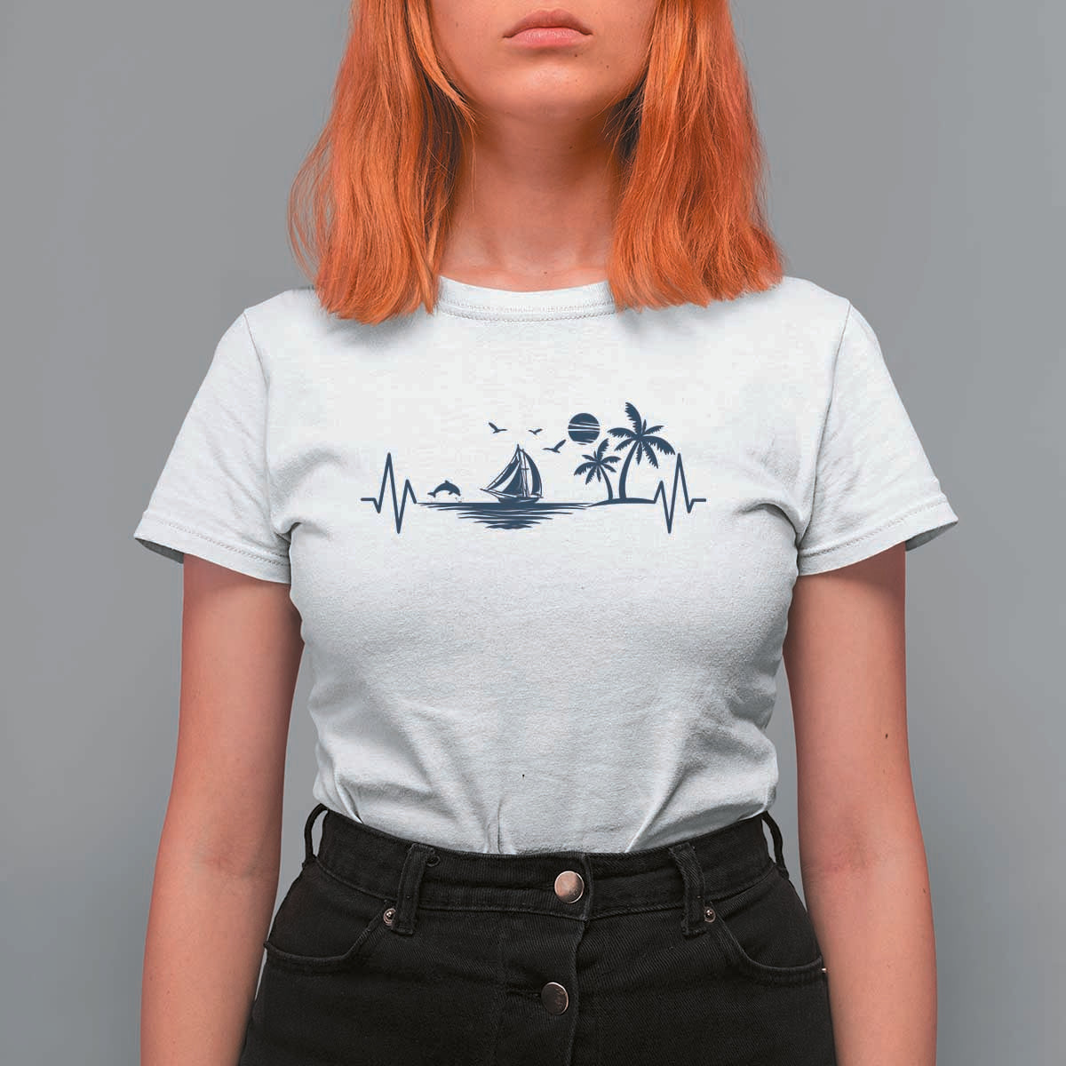 Summer Vacation Heartbeat Pulse Sunset Silhouette T Shirt For Women Tropical Island Lover