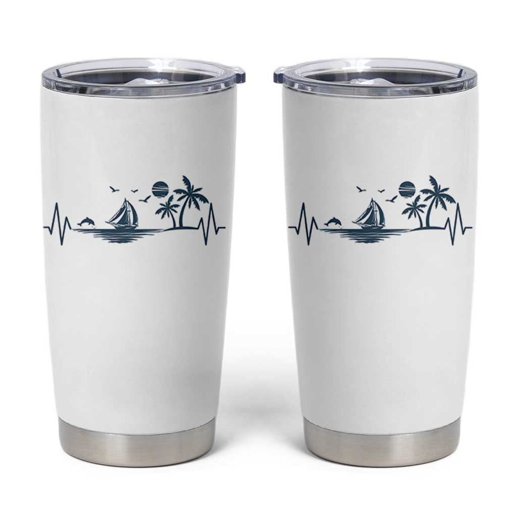 Summer Vacation Heartbeat Pulse Sunset Silhouette Tumbler Cup Tropical Island Lover
