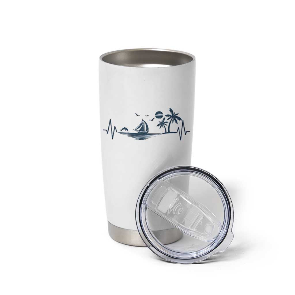 Summer Vacation Heartbeat Pulse Sunset Silhouette Tumbler Cup Tropical Island Lover