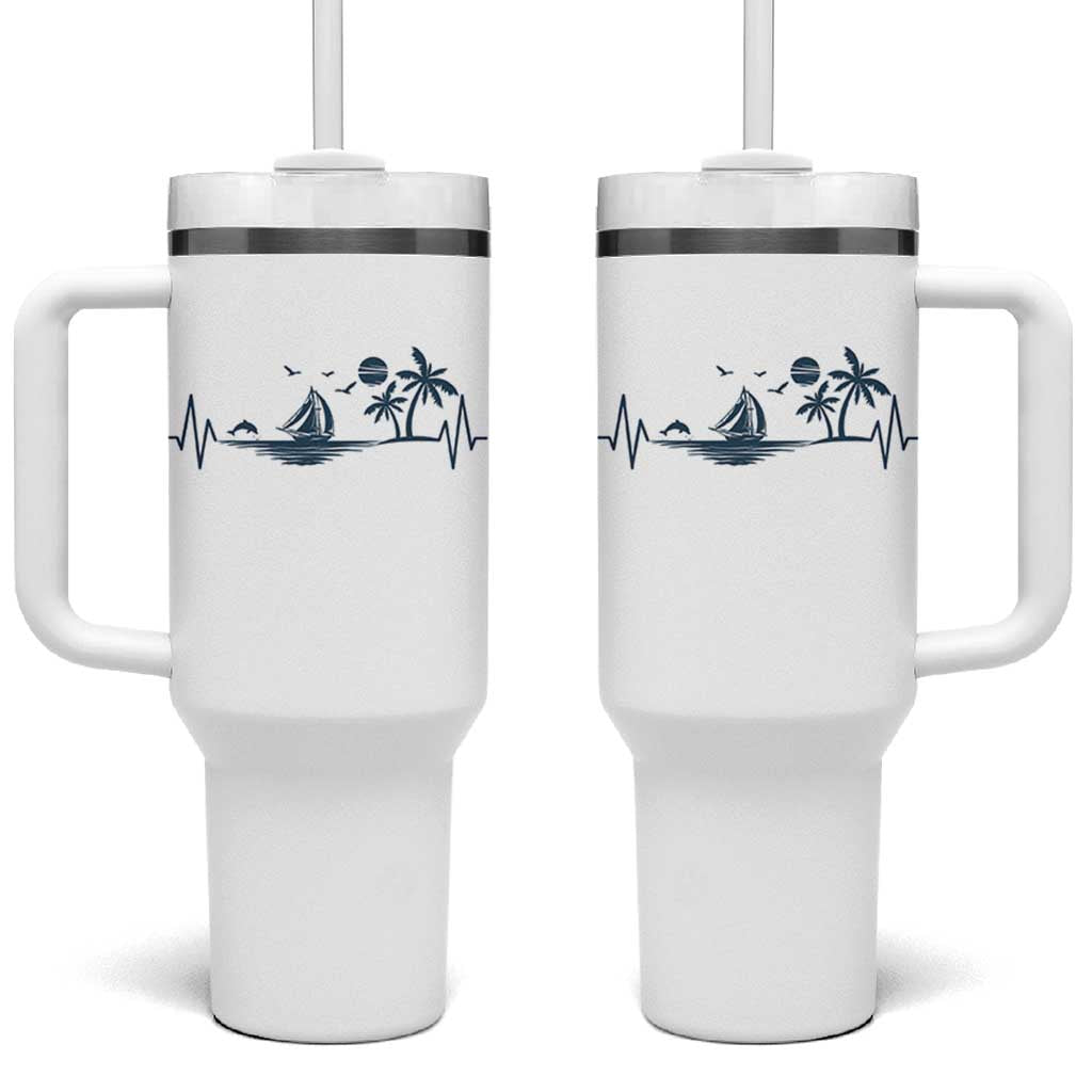 Summer Vacation Heartbeat Pulse Sunset Silhouette Tumbler With Handle Tropical Island Lover