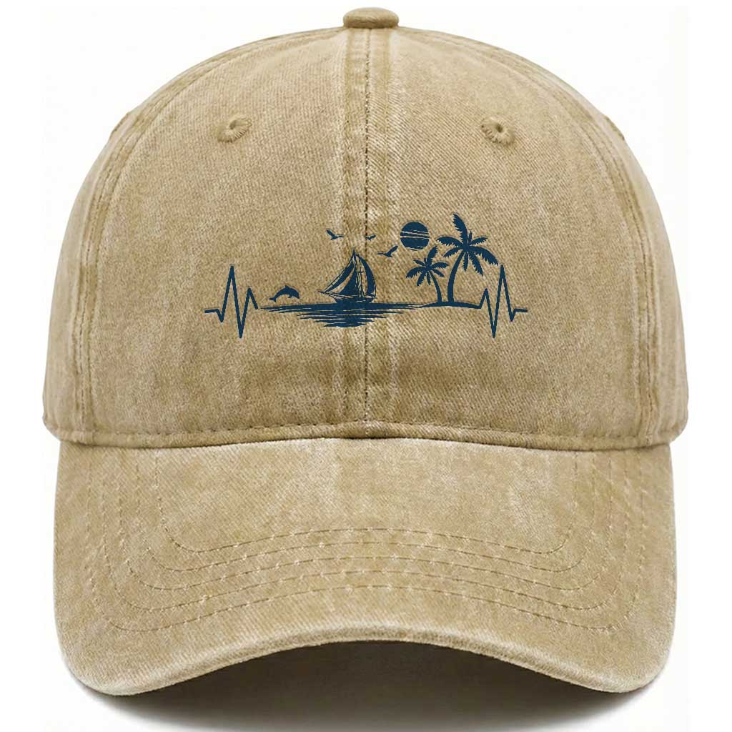 Summer Vacation Heartbeat Pulse Sunset Silhouette Washed Cotton Baseball Cap Tropical Island Lover