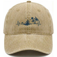 Summer Vacation Heartbeat Pulse Sunset Silhouette Washed Cotton Baseball Cap Tropical Island Lover
