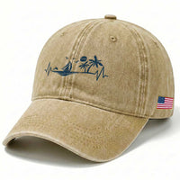 Summer Vacation Heartbeat Pulse Sunset Silhouette Washed Cotton Baseball Cap Tropical Island Lover