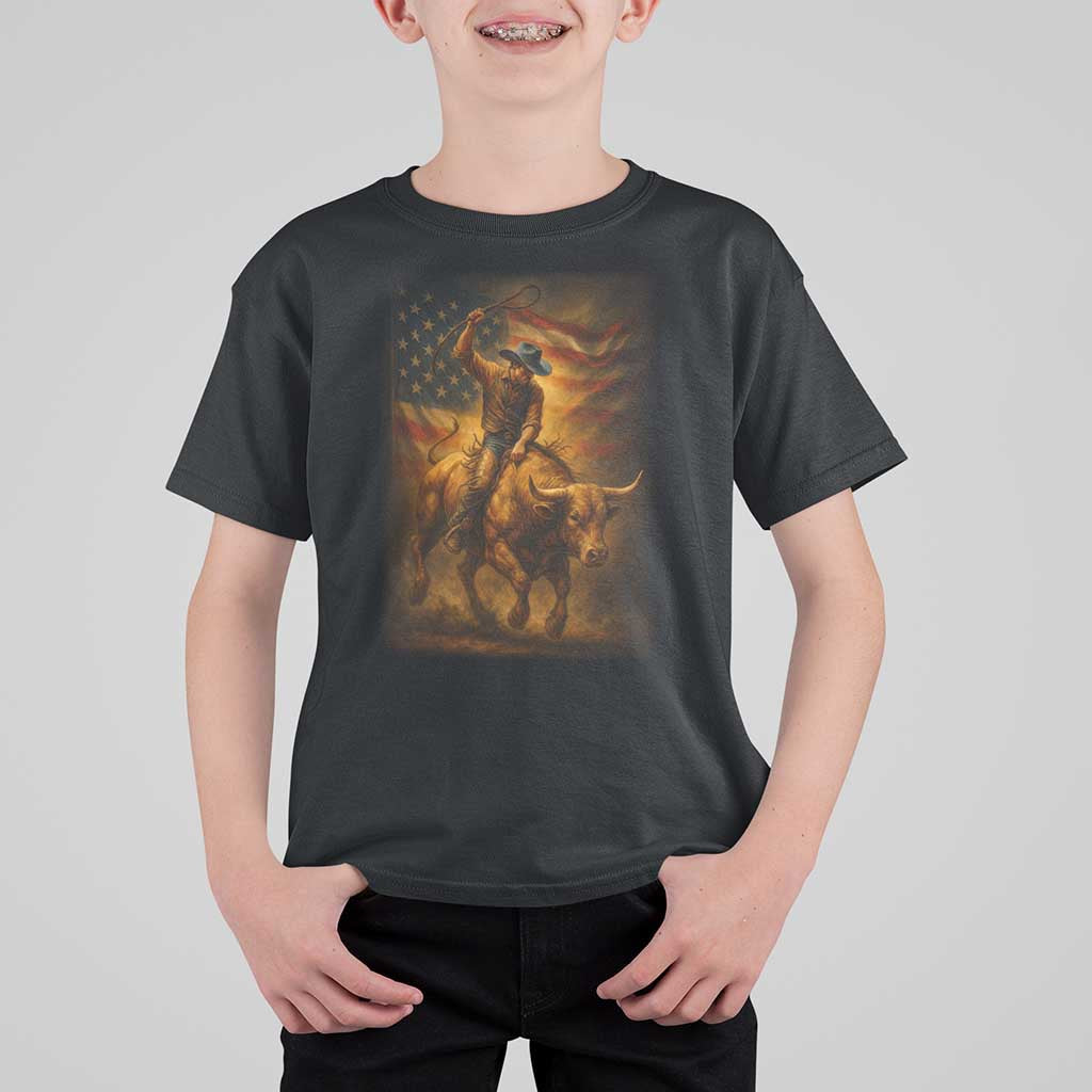 Patriotic Cowboy T Shirt For Kid American Bucking Bull Rider USA Rodeo Art - Wonder Print Shop