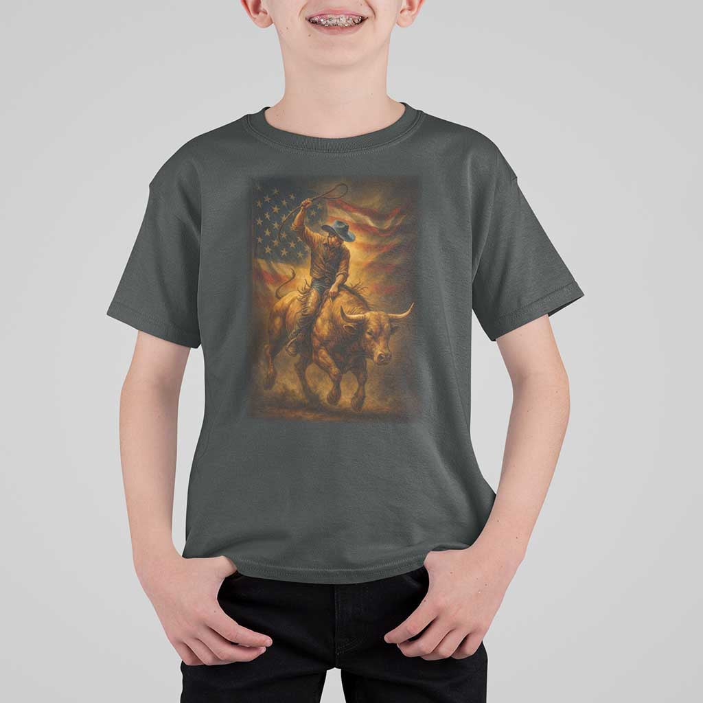Patriotic Cowboy T Shirt For Kid American Bucking Bull Rider USA Rodeo Art - Wonder Print Shop