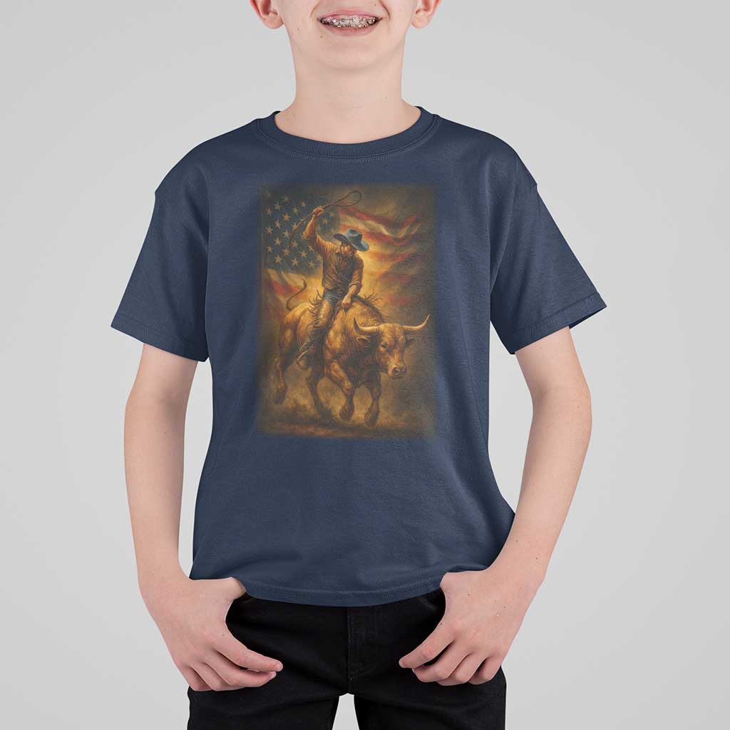 Patriotic Cowboy T Shirt For Kid American Bucking Bull Rider USA Rodeo Art - Wonder Print Shop