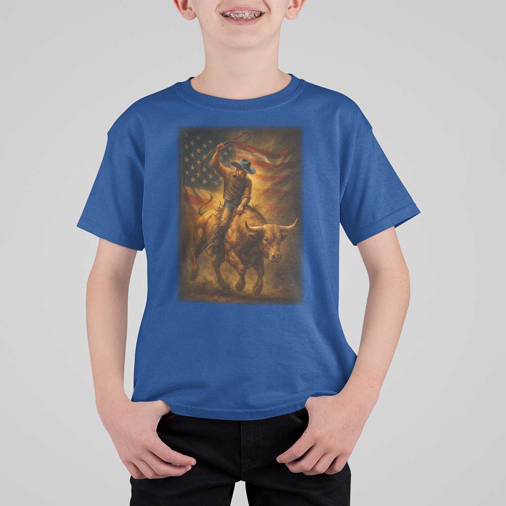 Patriotic Cowboy T Shirt For Kid American Bucking Bull Rider USA Rodeo Art - Wonder Print Shop