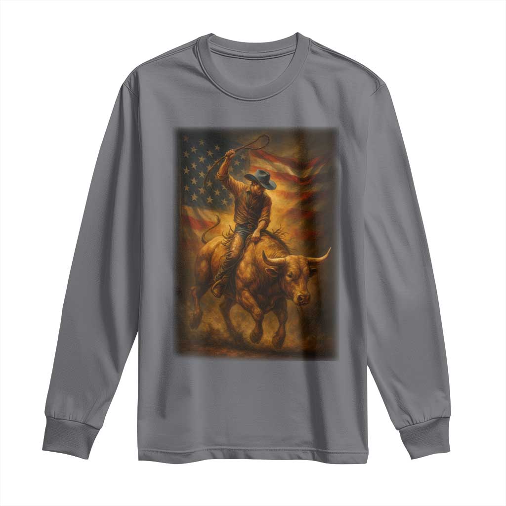Patriotic Cowboy Long Sleeve Shirt American Bucking Bull Rider USA Rodeo Art - Wonder Print Shop