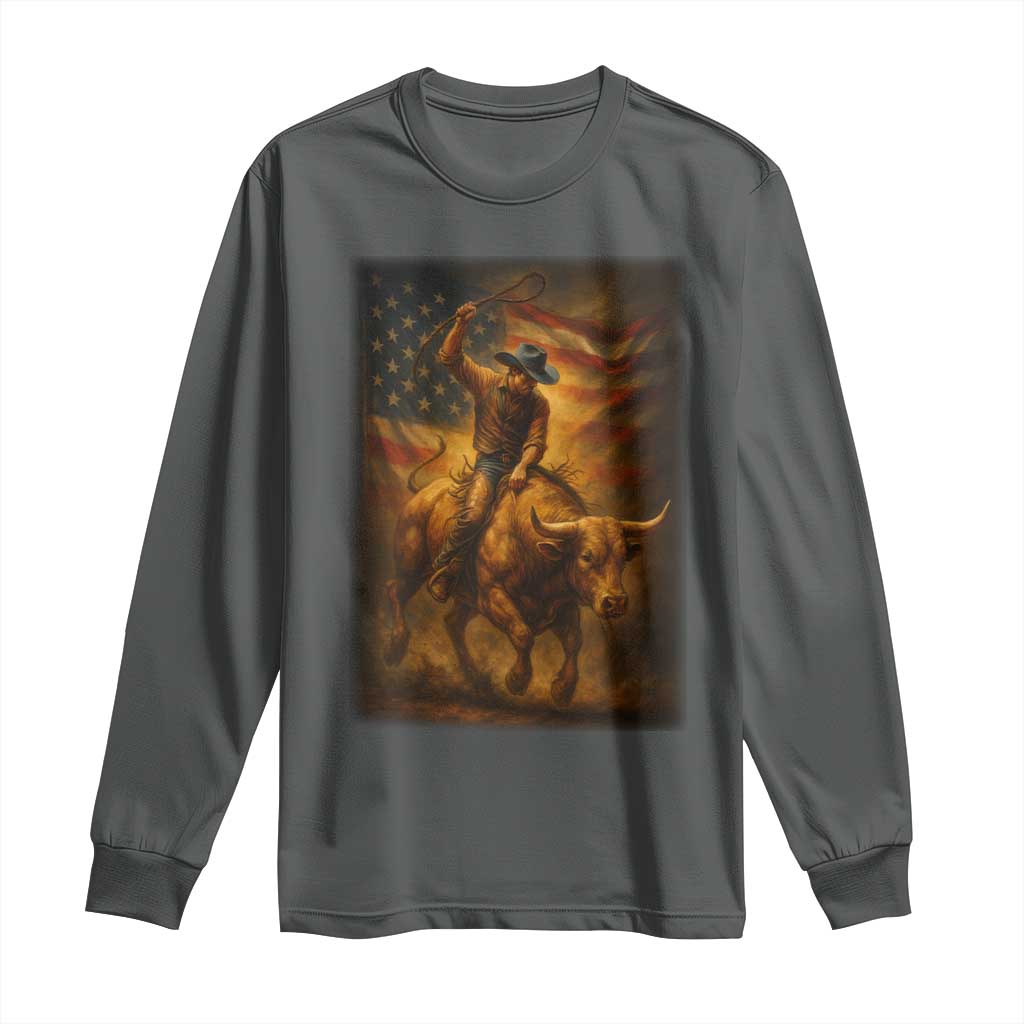 Patriotic Cowboy Long Sleeve Shirt American Bucking Bull Rider USA Rodeo Art - Wonder Print Shop