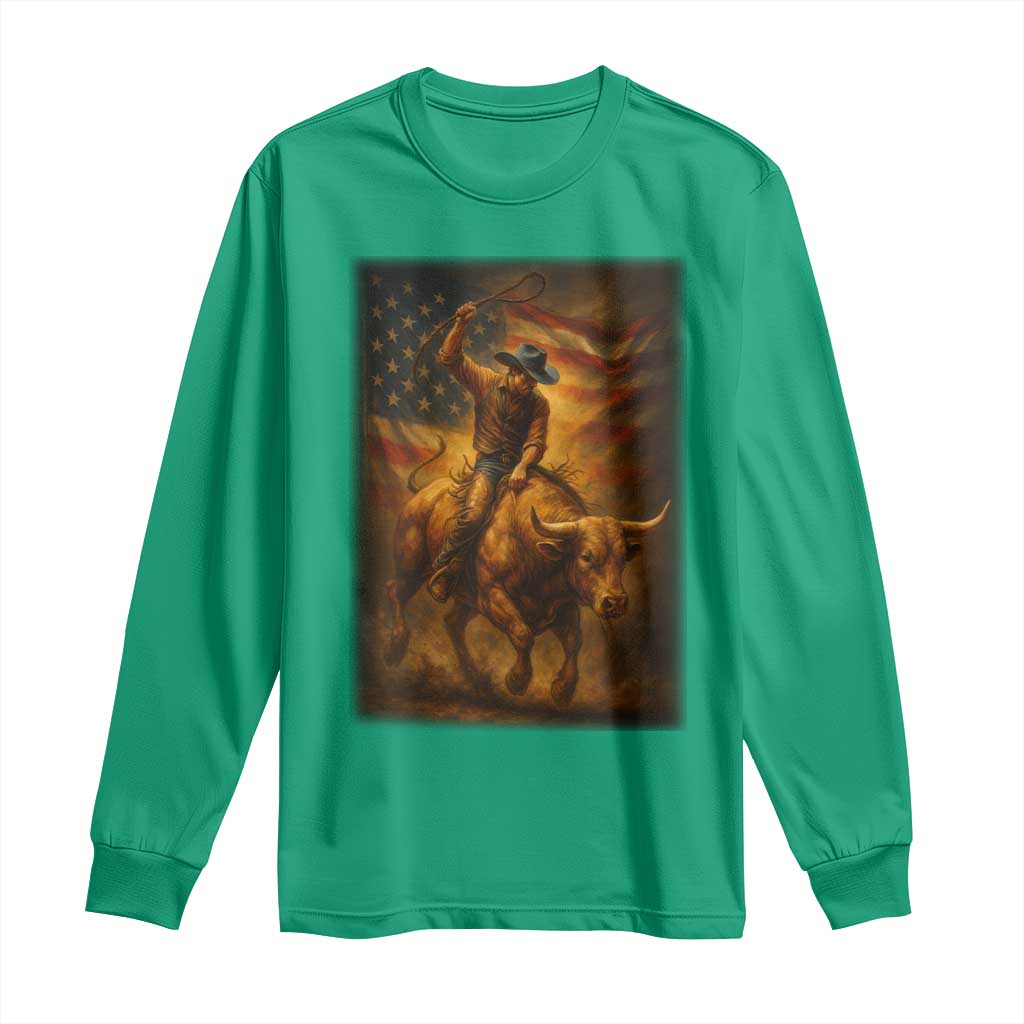Patriotic Cowboy Long Sleeve Shirt American Bucking Bull Rider USA Rodeo Art - Wonder Print Shop