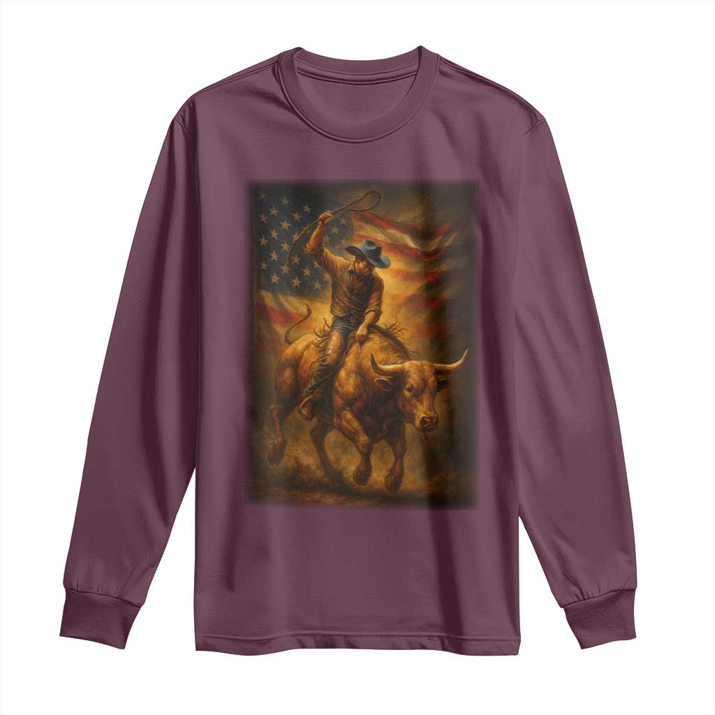 Patriotic Cowboy Long Sleeve Shirt American Bucking Bull Rider USA Rodeo Art - Wonder Print Shop