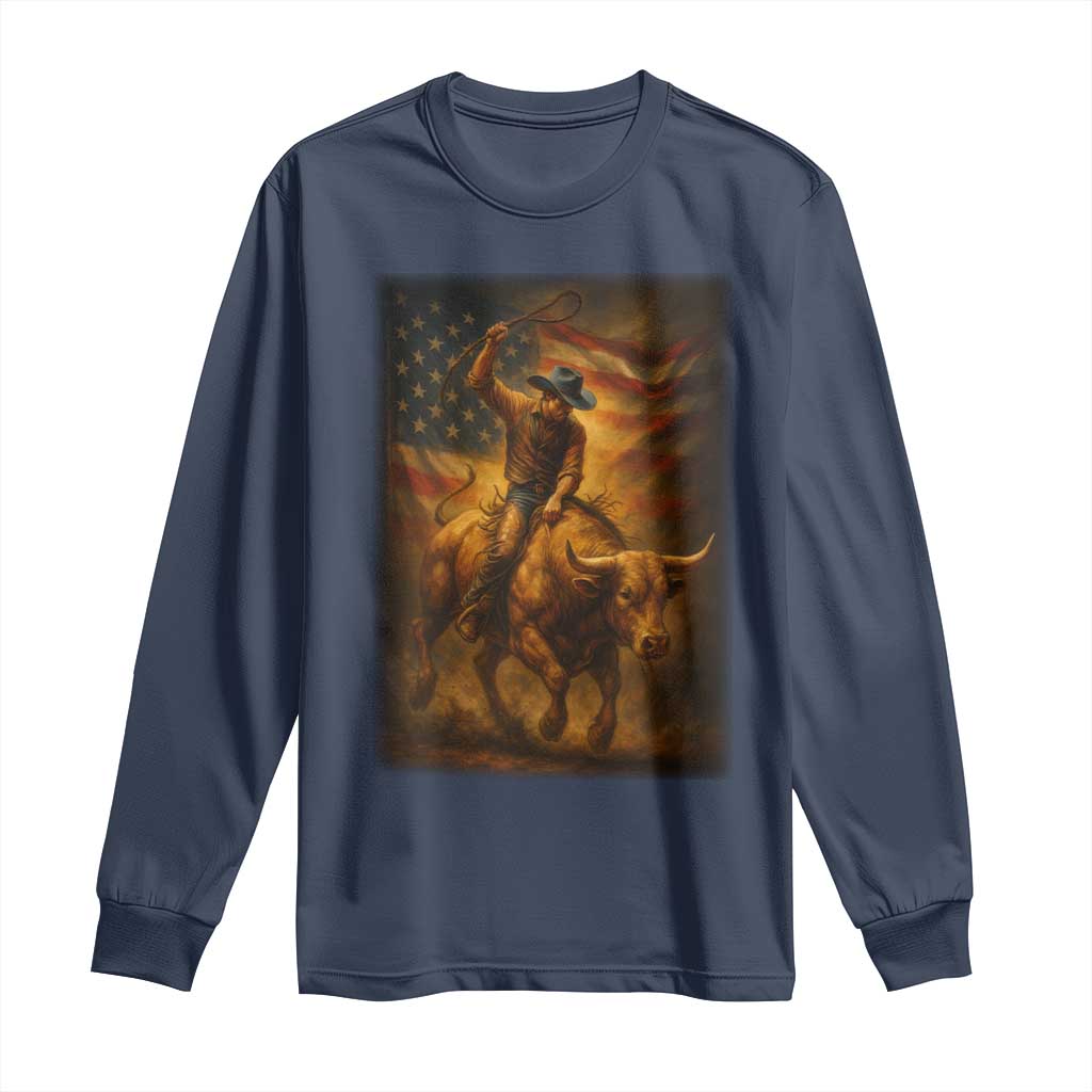 Patriotic Cowboy Long Sleeve Shirt American Bucking Bull Rider USA Rodeo Art - Wonder Print Shop