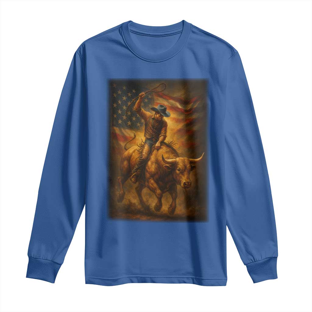Patriotic Cowboy Long Sleeve Shirt American Bucking Bull Rider USA Rodeo Art - Wonder Print Shop