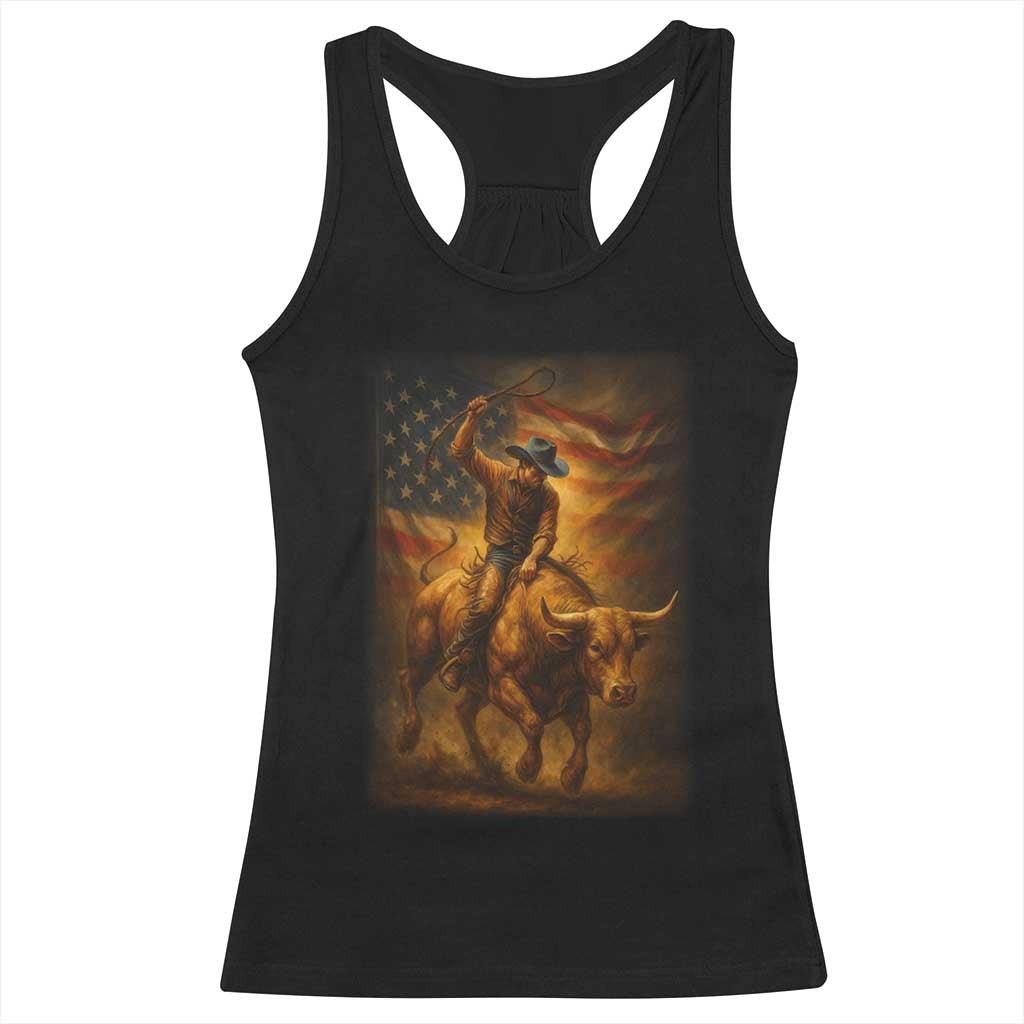 Patriotic Cowboy Racerback Tank Top American Bucking Bull Rider USA Rodeo Art - Wonder Print Shop