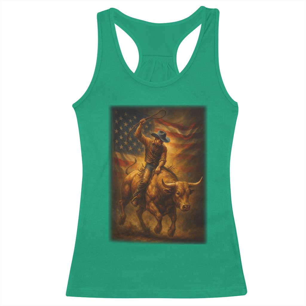 Patriotic Cowboy Racerback Tank Top American Bucking Bull Rider USA Rodeo Art - Wonder Print Shop
