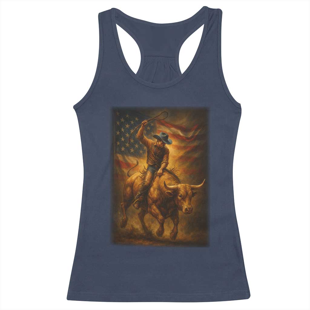 Patriotic Cowboy Racerback Tank Top American Bucking Bull Rider USA Rodeo Art - Wonder Print Shop