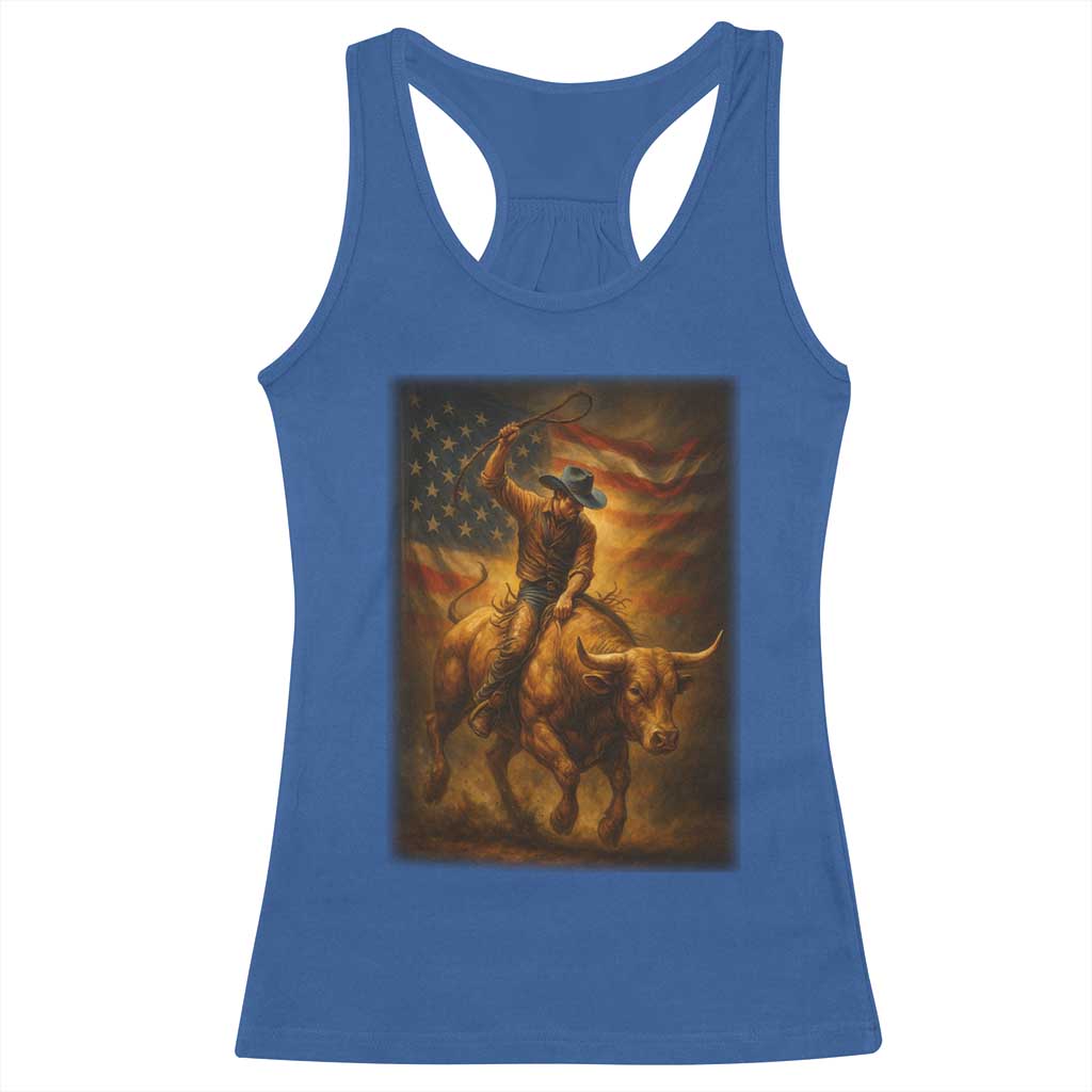 Patriotic Cowboy Racerback Tank Top American Bucking Bull Rider USA Rodeo Art - Wonder Print Shop