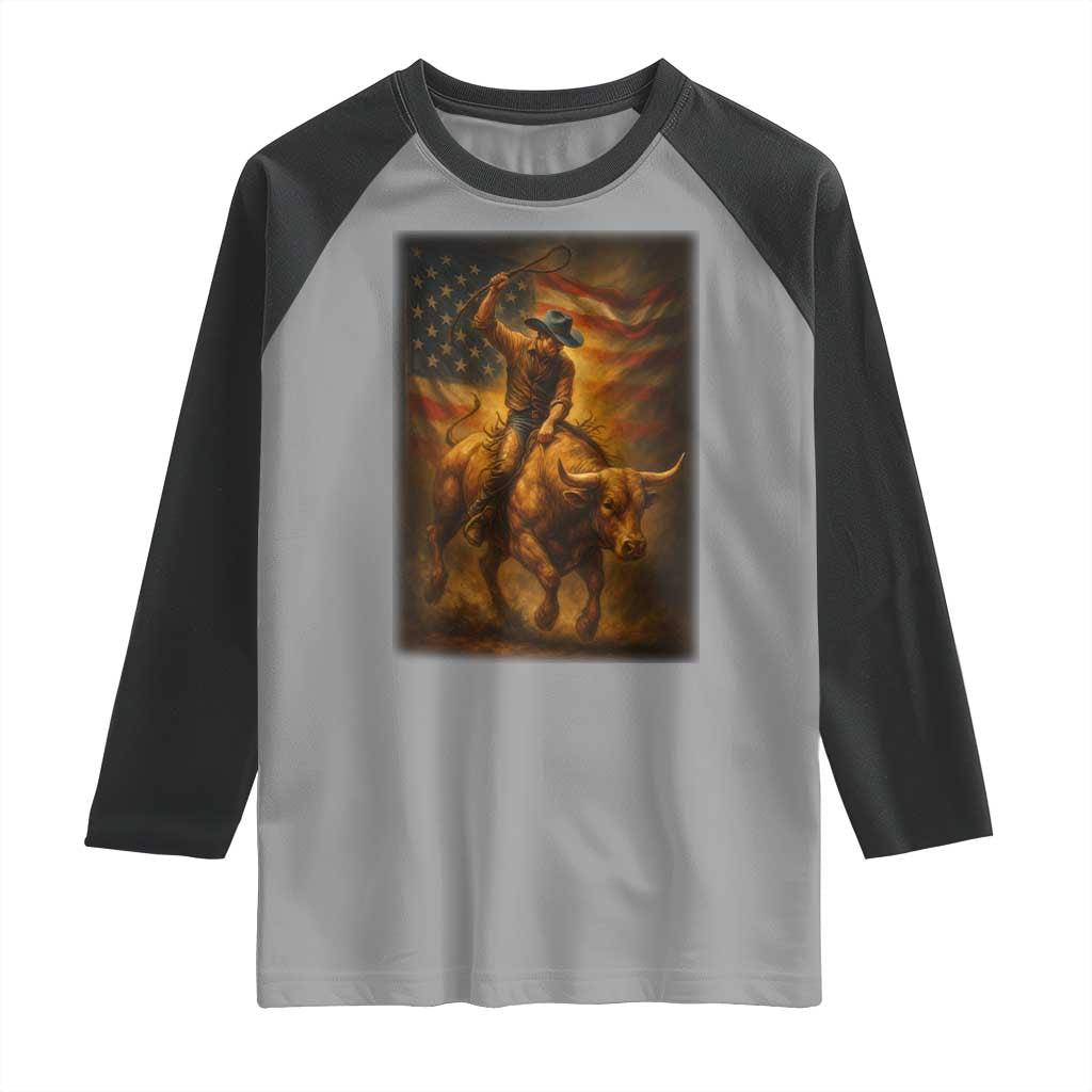 Patriotic Cowboy Raglan Shirt American Bucking Bull Rider USA Rodeo Art - Wonder Print Shop