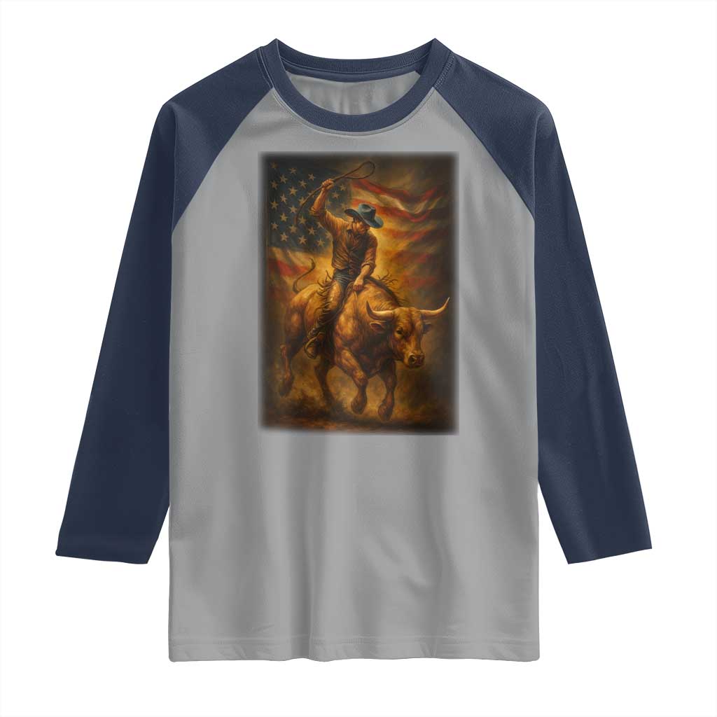 Patriotic Cowboy Raglan Shirt American Bucking Bull Rider USA Rodeo Art - Wonder Print Shop