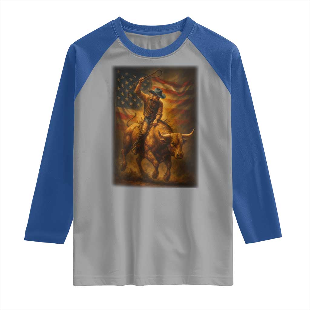 Patriotic Cowboy Raglan Shirt American Bucking Bull Rider USA Rodeo Art - Wonder Print Shop