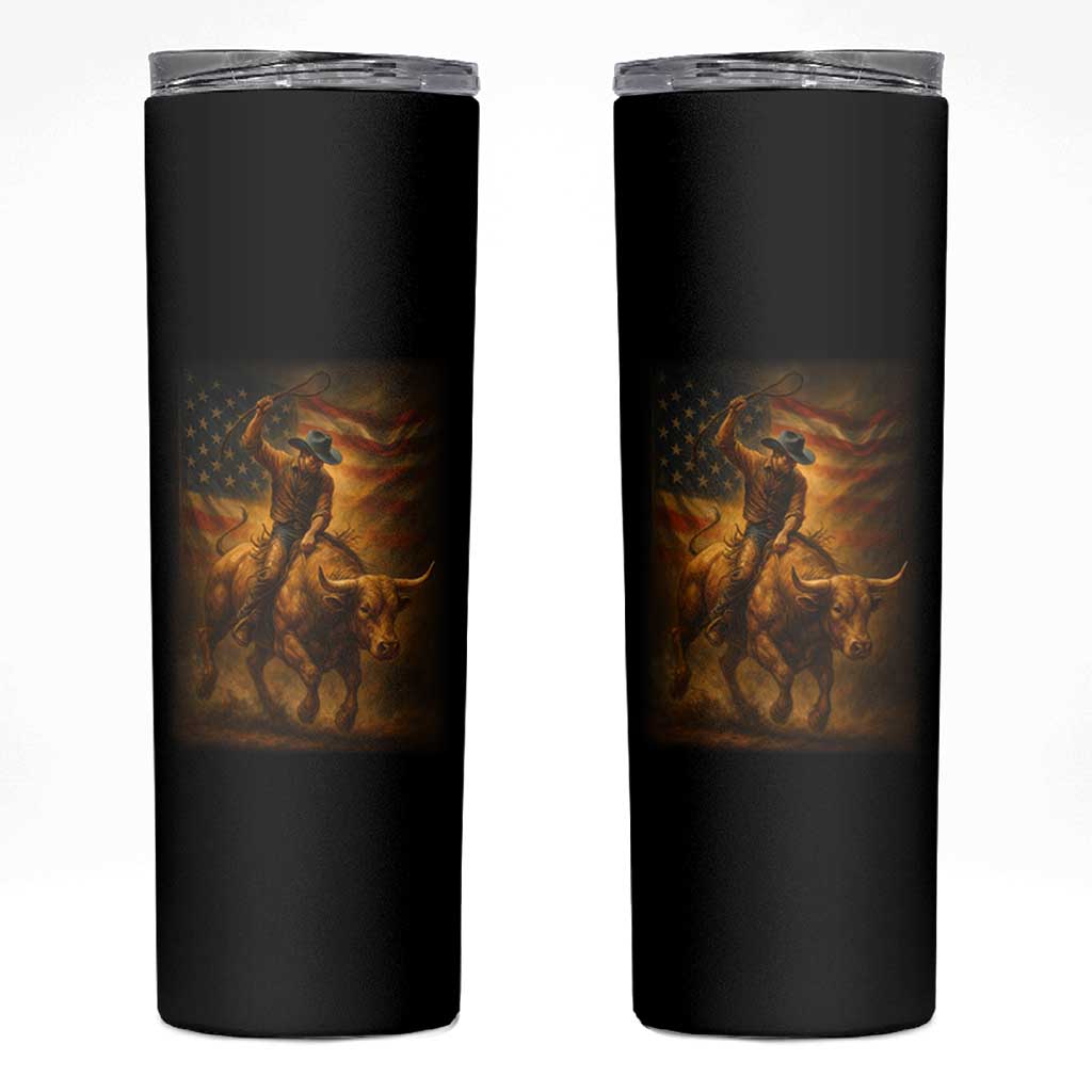 Patriotic Cowboy Skinny Tumbler American Bucking Bull Rider USA Rodeo Art