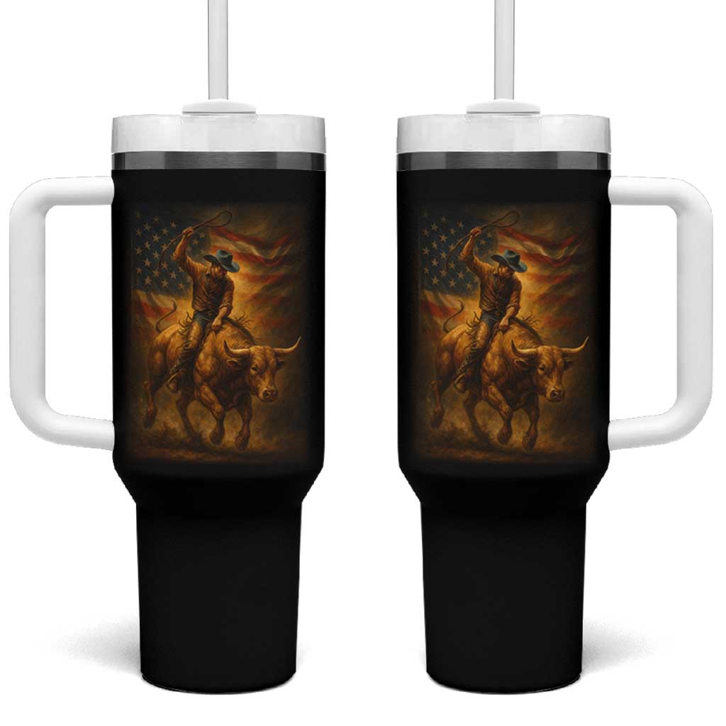 Patriotic Cowboy Tumbler With Handle American Bucking Bull Rider USA Rodeo Art