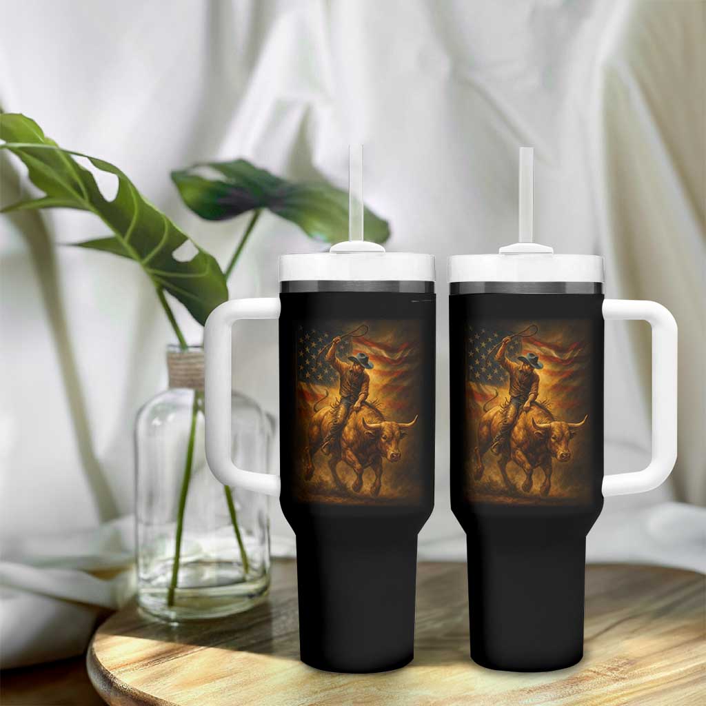 Patriotic Cowboy Tumbler With Handle American Bucking Bull Rider USA Rodeo Art