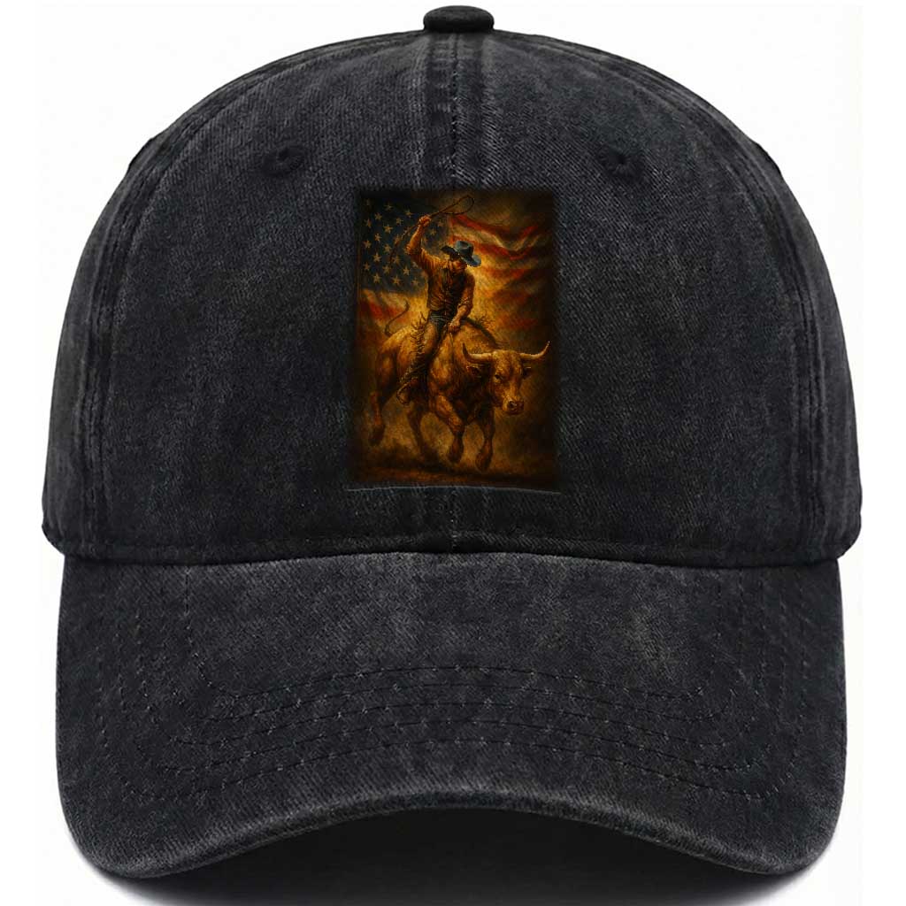 Patriotic Cowboy Washed Cotton Baseball Cap American Bucking Bull Rider USA Rodeo Art