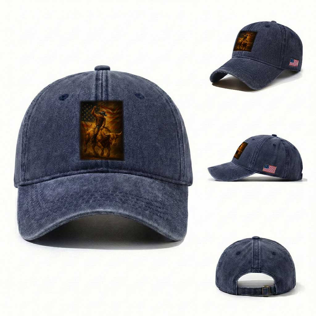 Patriotic Cowboy Washed Cotton Baseball Cap American Bucking Bull Rider USA Rodeo Art