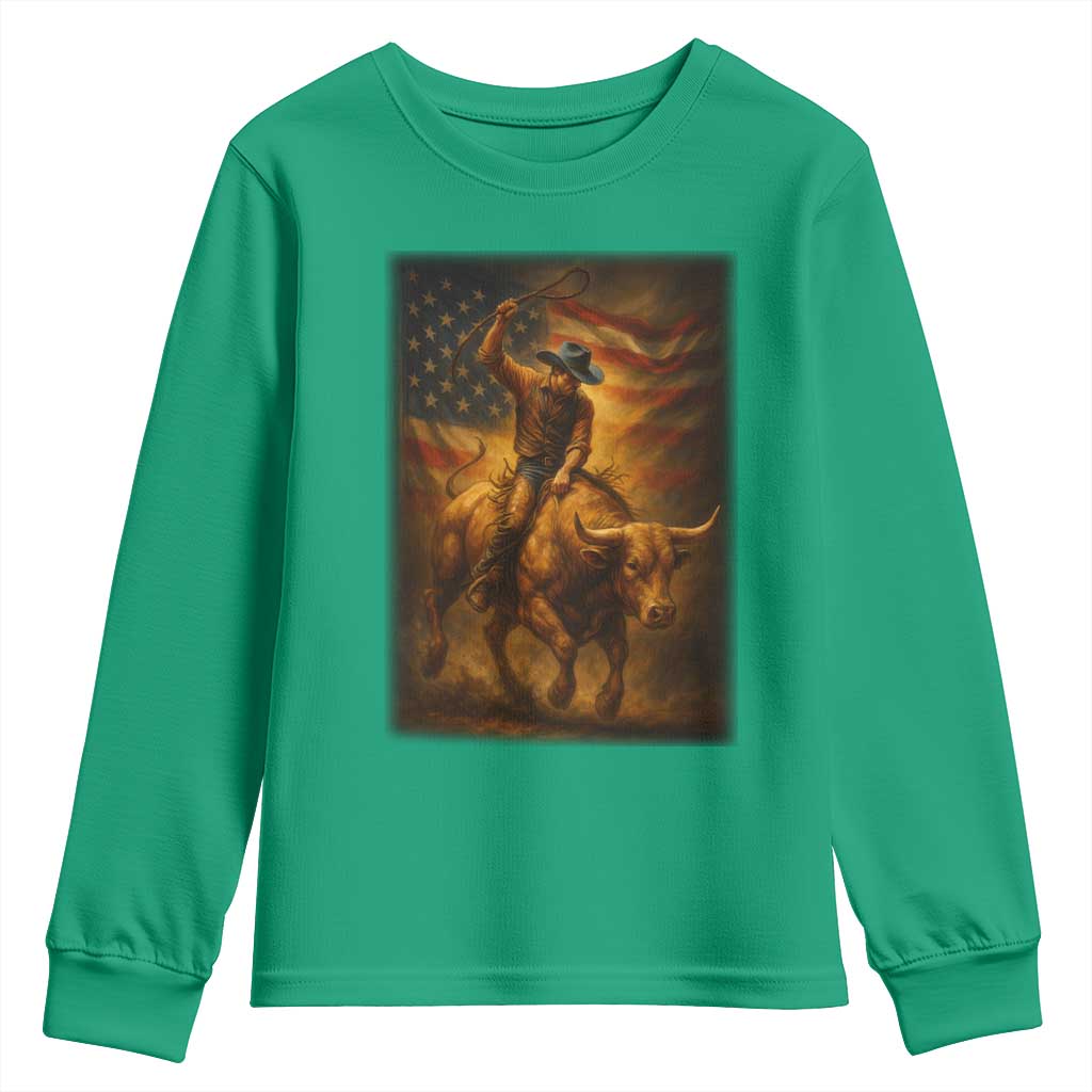 Patriotic Cowboy Youth Sweatshirt American Bucking Bull Rider USA Rodeo Art - Wonder Print Shop