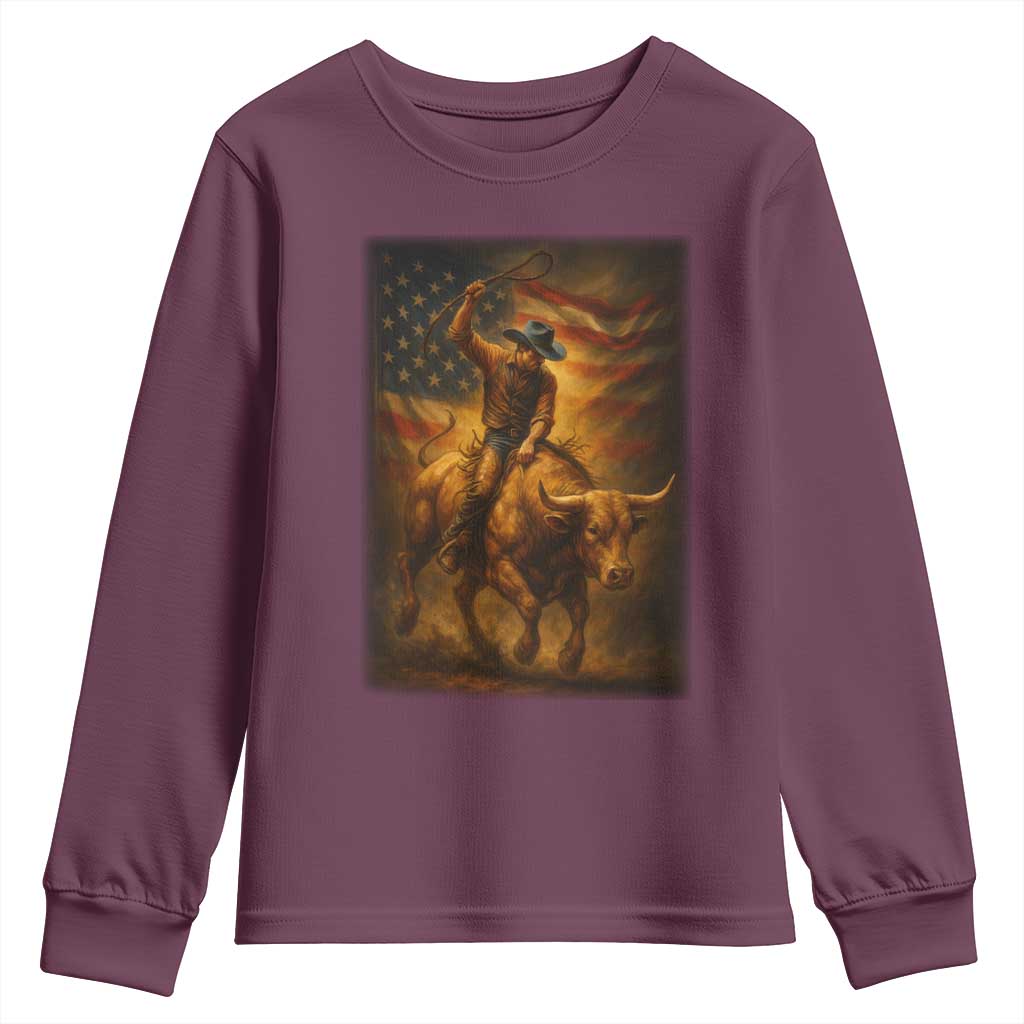 Patriotic Cowboy Youth Sweatshirt American Bucking Bull Rider USA Rodeo Art - Wonder Print Shop