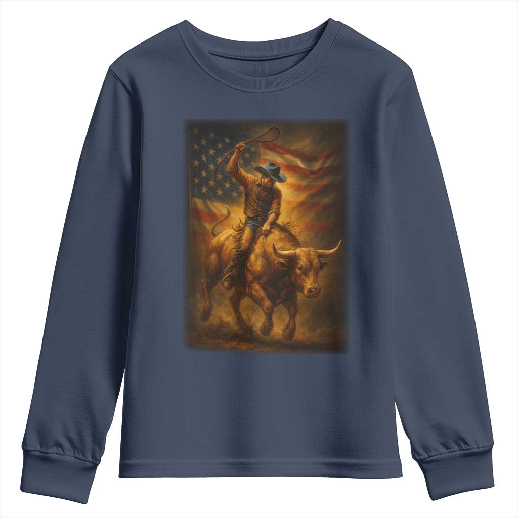 Patriotic Cowboy Youth Sweatshirt American Bucking Bull Rider USA Rodeo Art - Wonder Print Shop