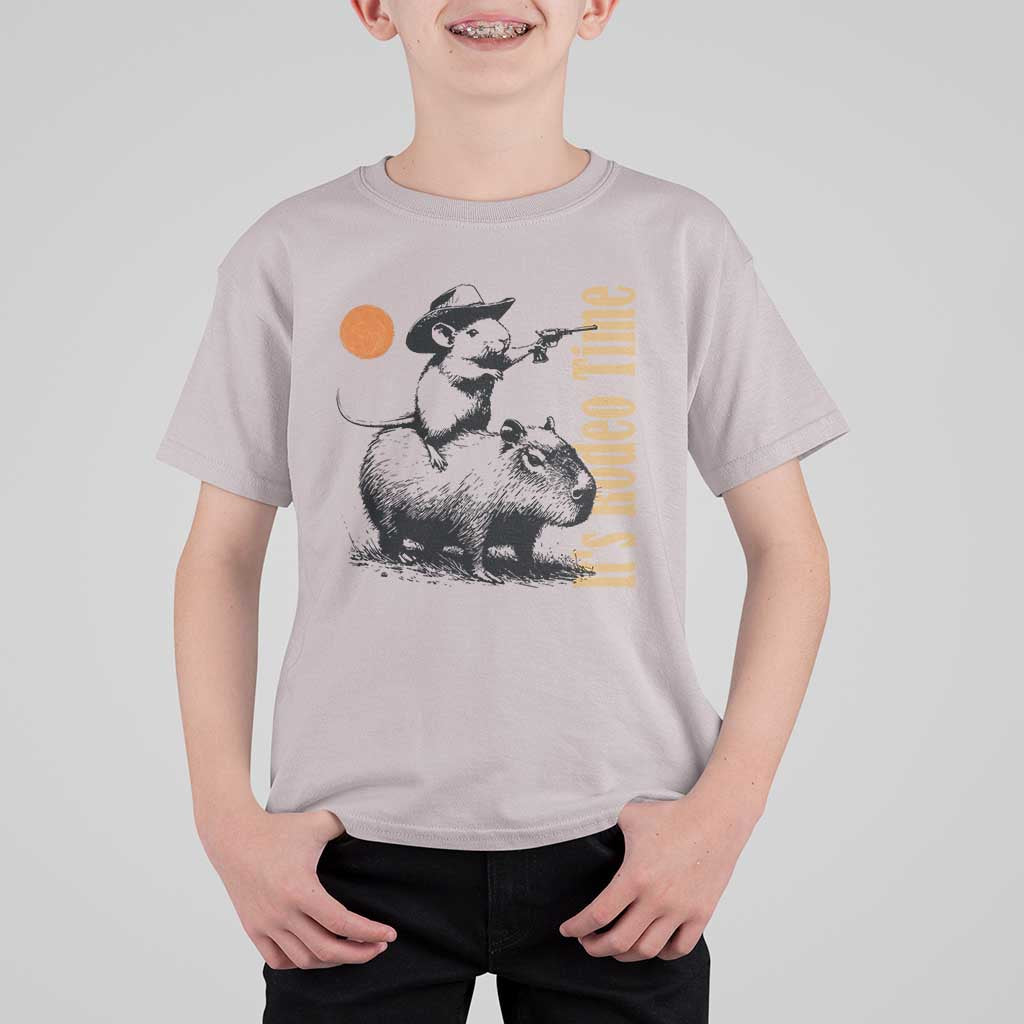 It Is Rodeo Time T Shirt For Kid Funny Wild West Mouse Riding Capybara - Wonder Print Shop