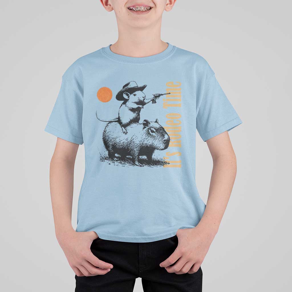It Is Rodeo Time T Shirt For Kid Funny Wild West Mouse Riding Capybara - Wonder Print Shop